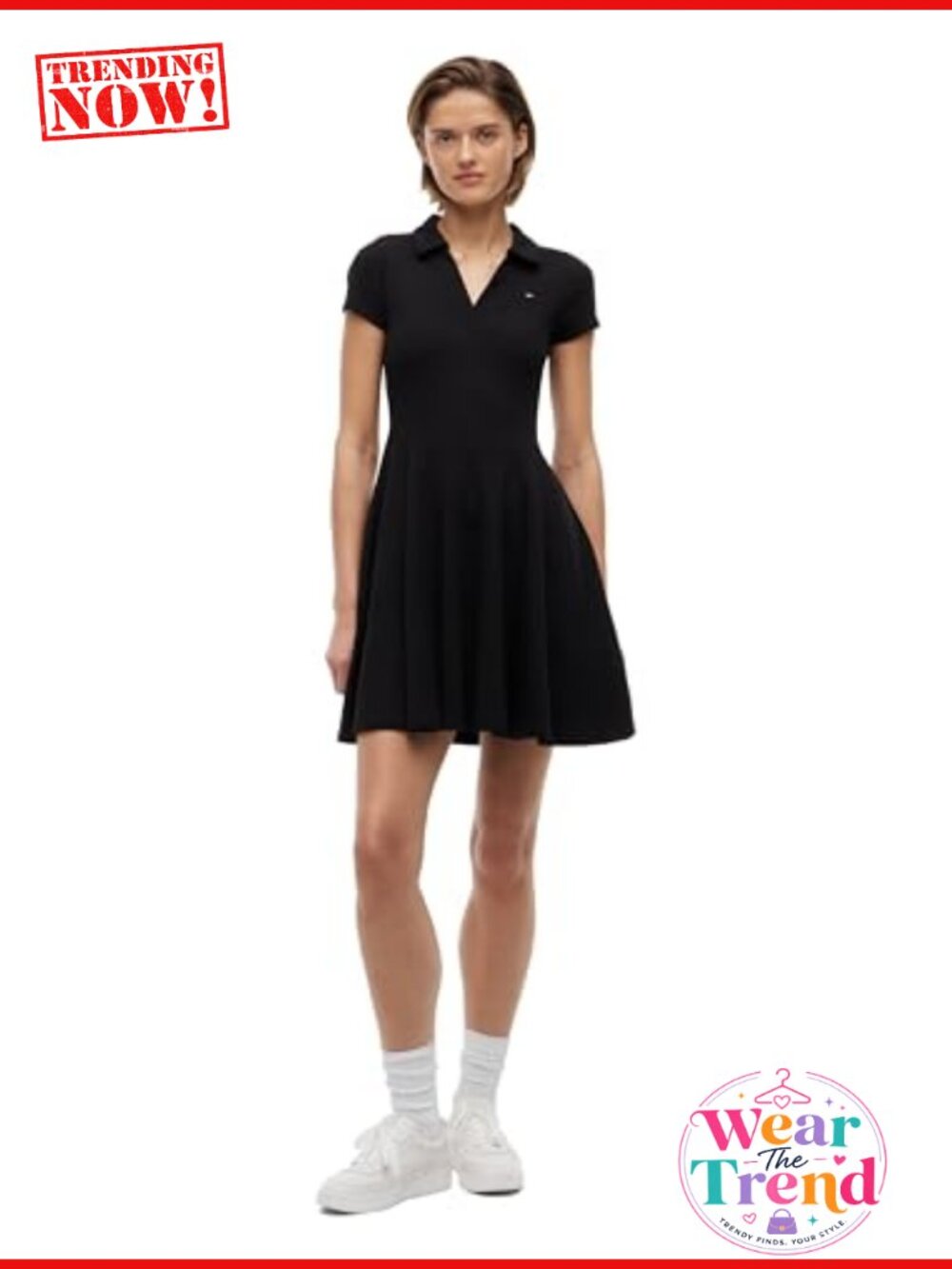 Cotton Stretch Fit & Flare Polo Short Sleeve Collared V-Neck Mini Dress